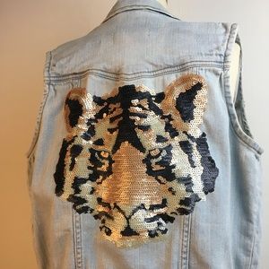 Upcycled Women's Light Denim Sequin Tiger Vest
